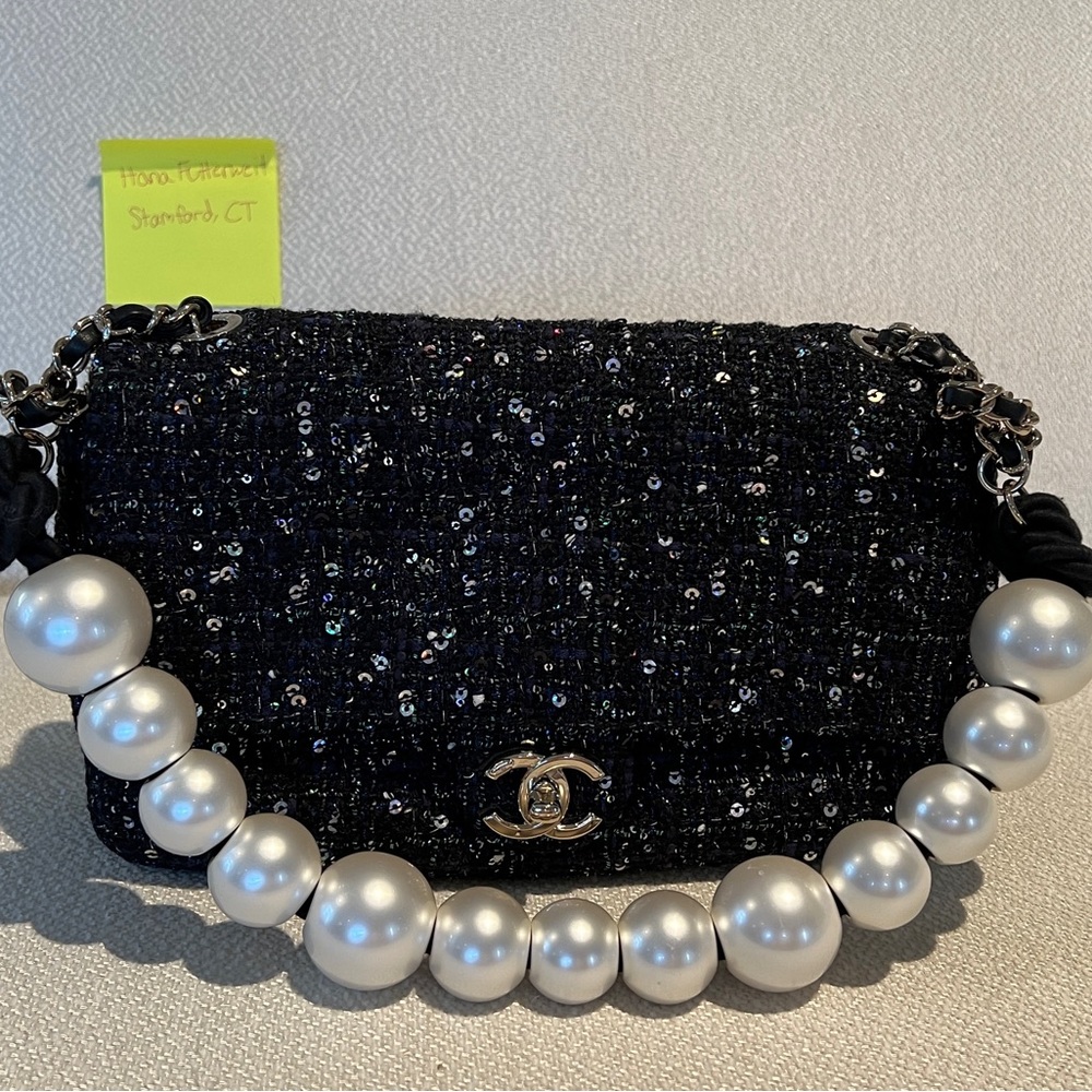Chanel blue tweed Pearl handle flap